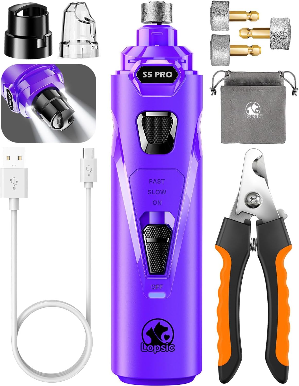 LOPSIC Whisper Quiet Dog Nail Grinder Set with  Low Vibration, Stress Free, 2 LED Lights and 3 Grinding Wheels AMAZON CHOICE!