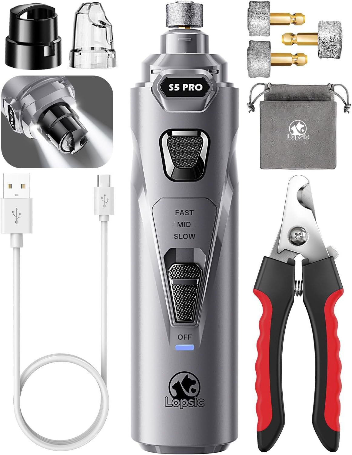 LOPSIC Whisper Quiet Dog Nail Grinder Set with  Low Vibration, Stress Free, 2 LED Lights and 3 Grinding Wheels AMAZON CHOICE!
