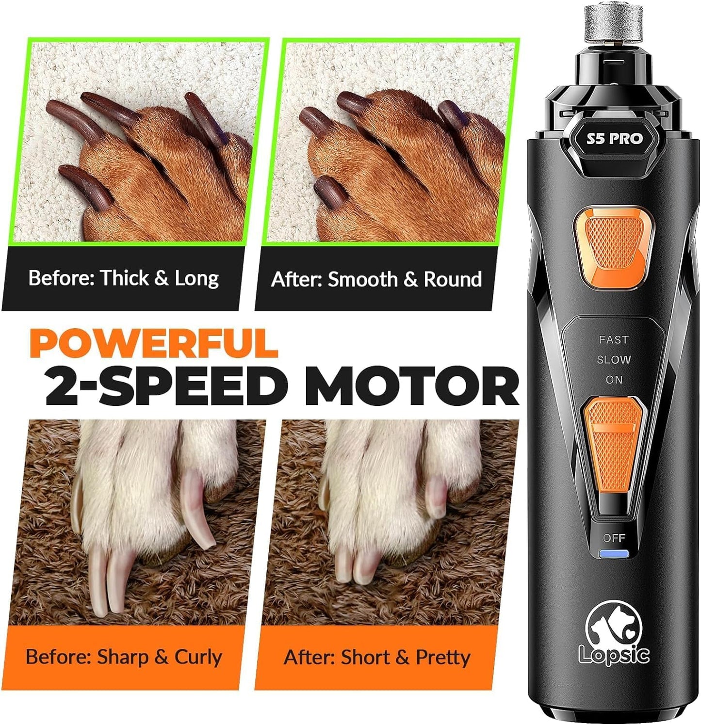LOPSIC Whisper Quiet Dog Nail Grinder Set with  Low Vibration, Stress Free, 2 LED Lights and 3 Grinding Wheels AMAZON CHOICE!