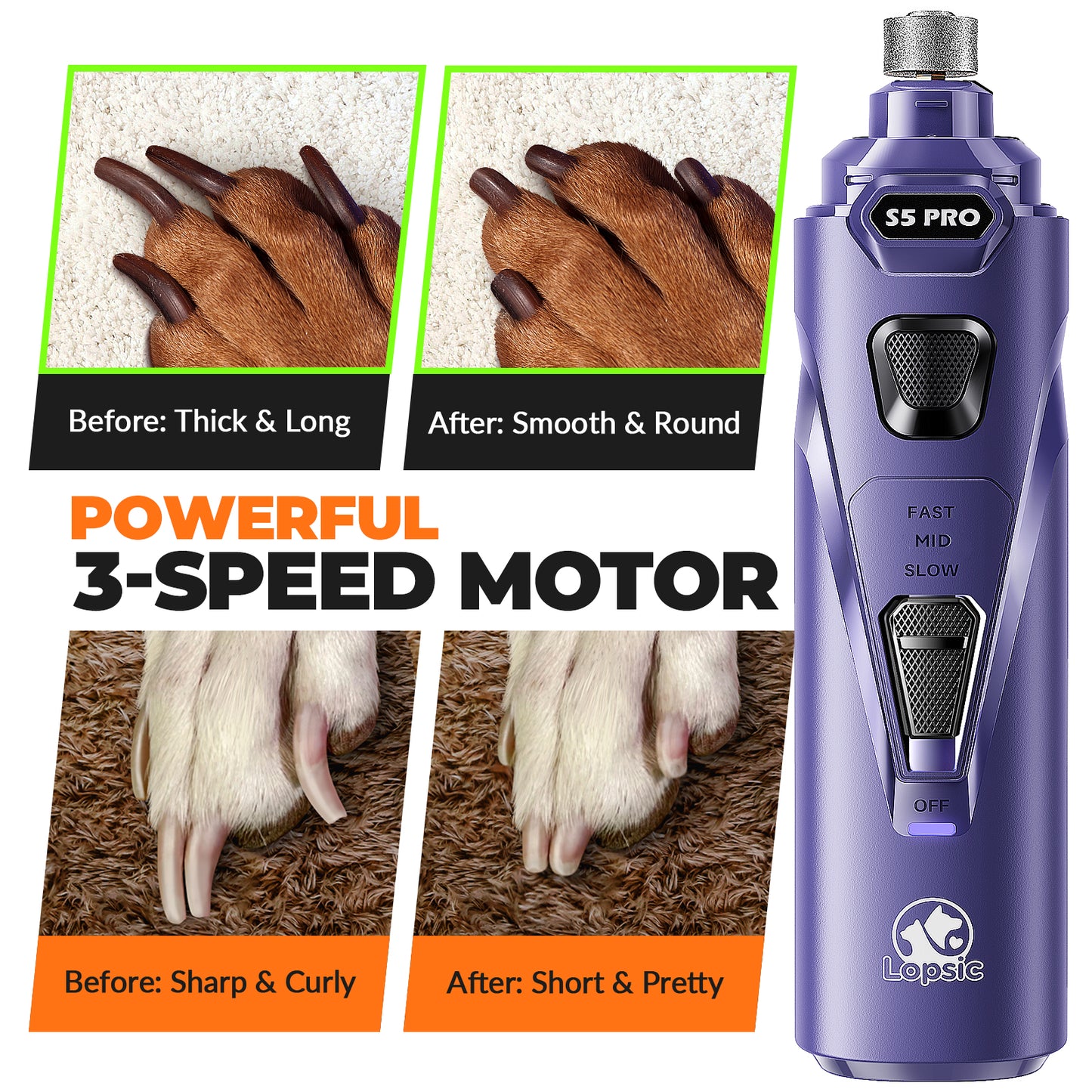LOPSIC Whisper Quiet Dog Nail Grinder Set with  Low Vibration, Stress Free, 2 LED Lights and 3 Grinding Wheels AMAZON CHOICE!