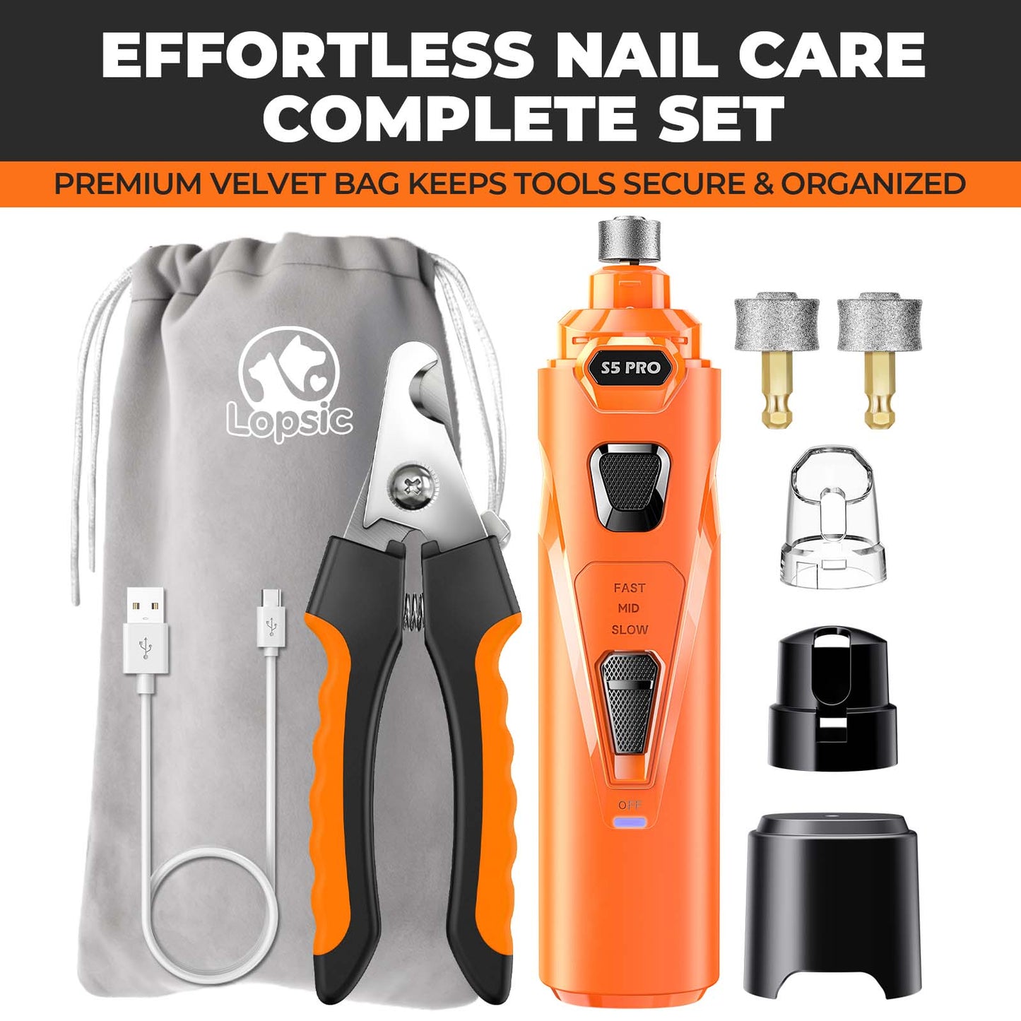 LOPSIC Whisper Quiet Dog Nail Grinder Set with  Low Vibration, Stress Free, 2 LED Lights and 3 Grinding Wheels AMAZON CHOICE!