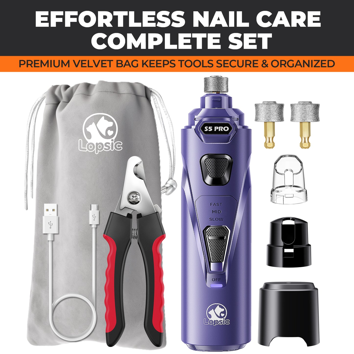 LOPSIC Whisper Quiet Dog Nail Grinder Set with  Low Vibration, Stress Free, 2 LED Lights and 3 Grinding Wheels AMAZON CHOICE!