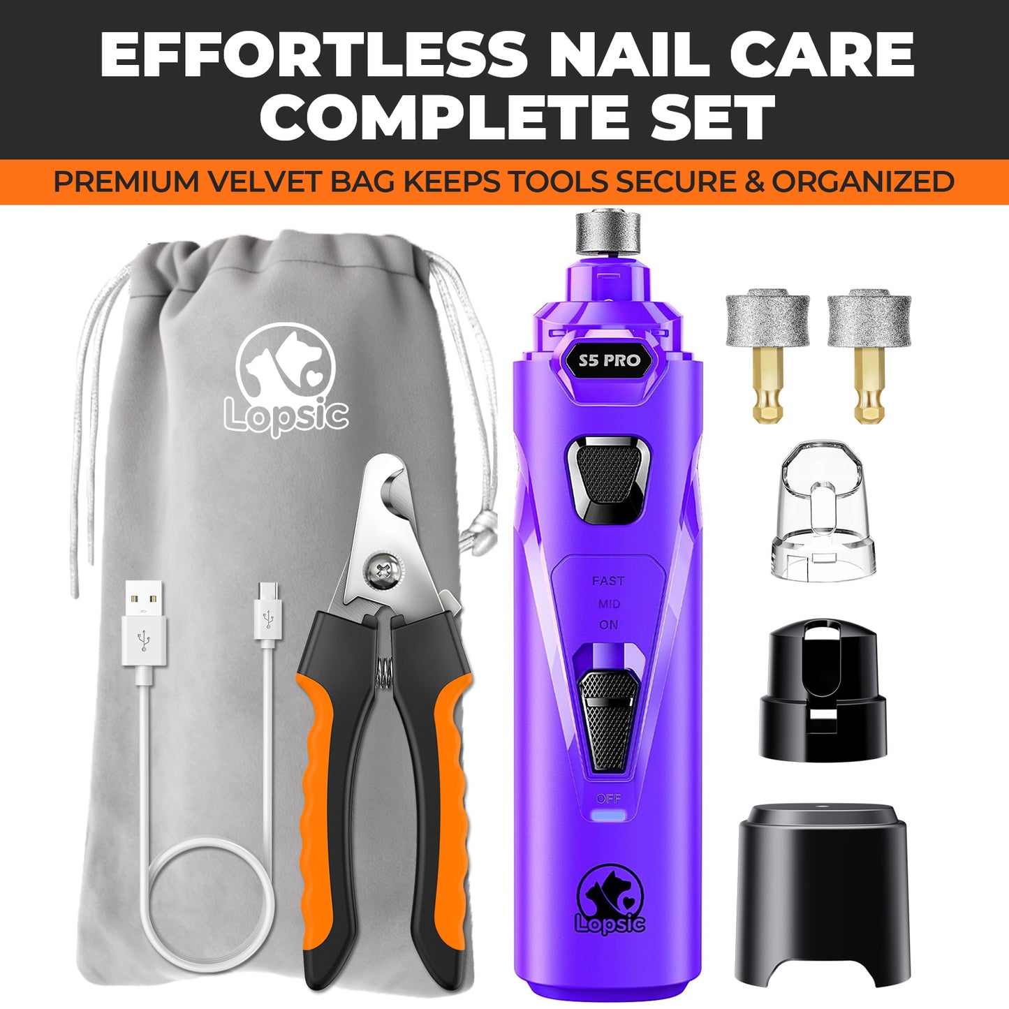 LOPSIC Whisper Quiet Dog Nail Grinder Set with  Low Vibration, Stress Free, 2 LED Lights and 3 Grinding Wheels AMAZON CHOICE!